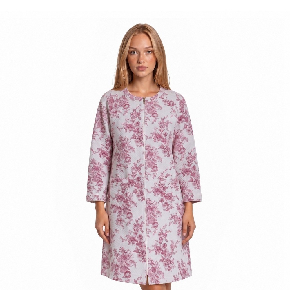 Eileen West Robe Women's Size XL Pink White Toile Quilted 100% Cotton Housecoat